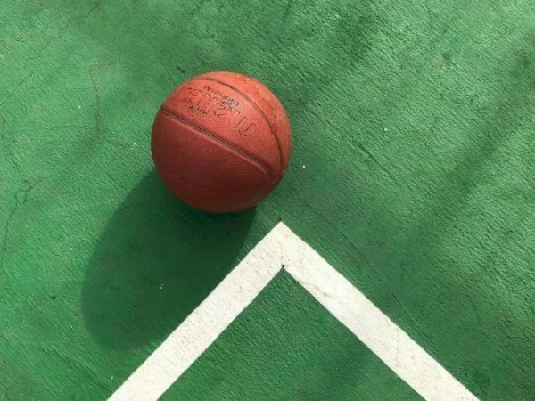A basketball on a green court with a white boundary line, casting a distinct shadow.