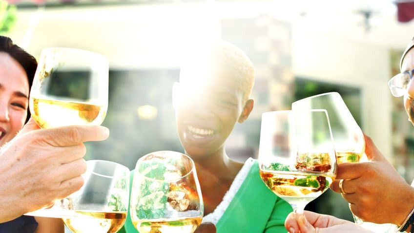 A group of people is outdoors, smiling and toasting with wine glasses, enjoying a cheerful gathering.