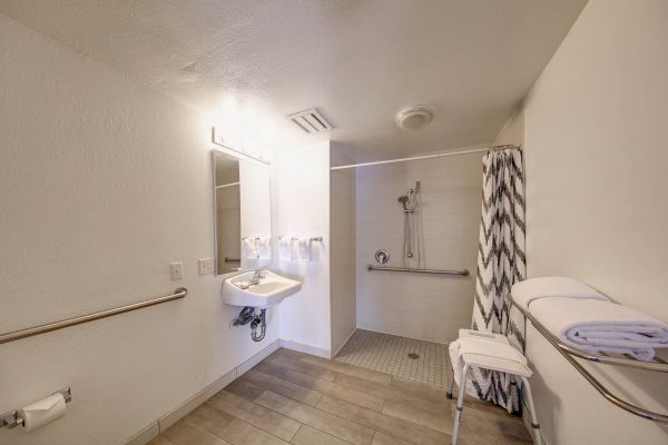 The image shows an accessible bathroom with a walk-in shower, grab bars, sink, mirror, and towels.