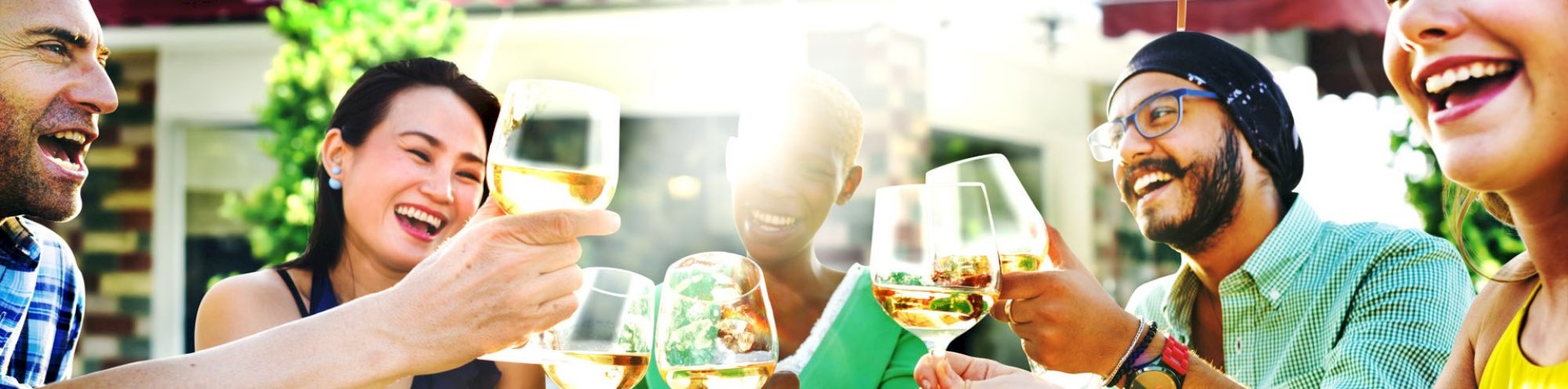 A group of people is outdoors, smiling and toasting with wine glasses, enjoying a cheerful gathering.