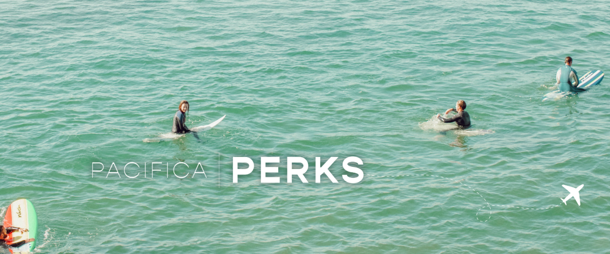 Three surfers in a green sea with "PACIFICA PERKS" text overlay. Icon of a small plane in the bottom corner.